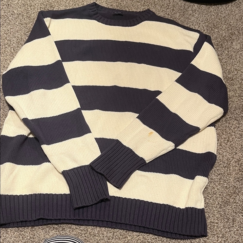 Brandy Melville Navy and Cream Striped Crewneck Sweater